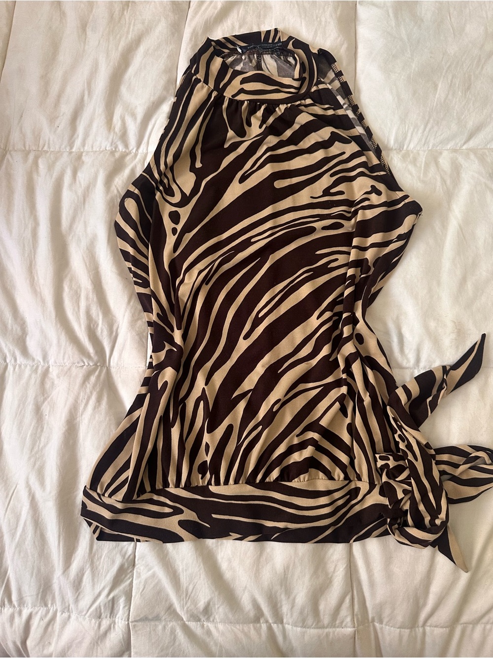 Sleeveless Zebra-Print Halter Top in Black and Cream
